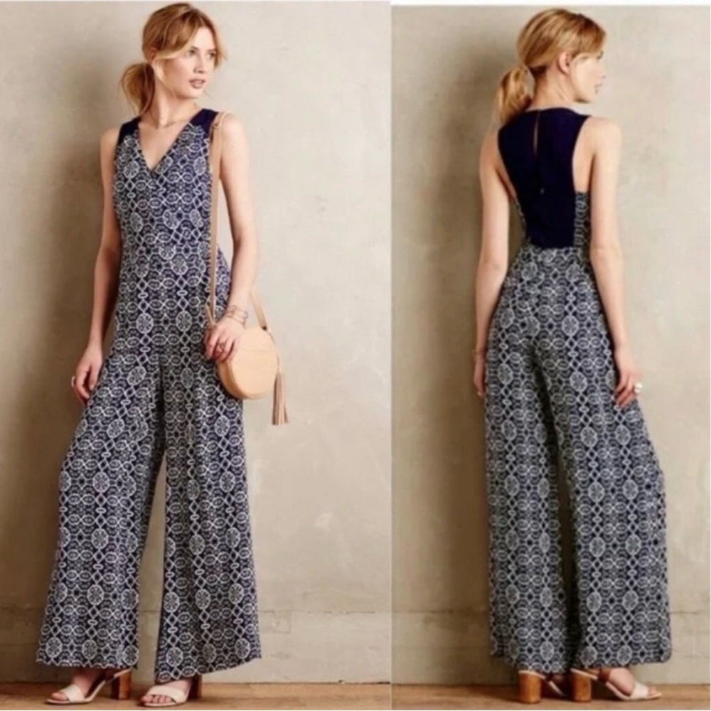 Anthropologie Elevenses Audra Wideleg Sleeveless Geometric Jumpsuit